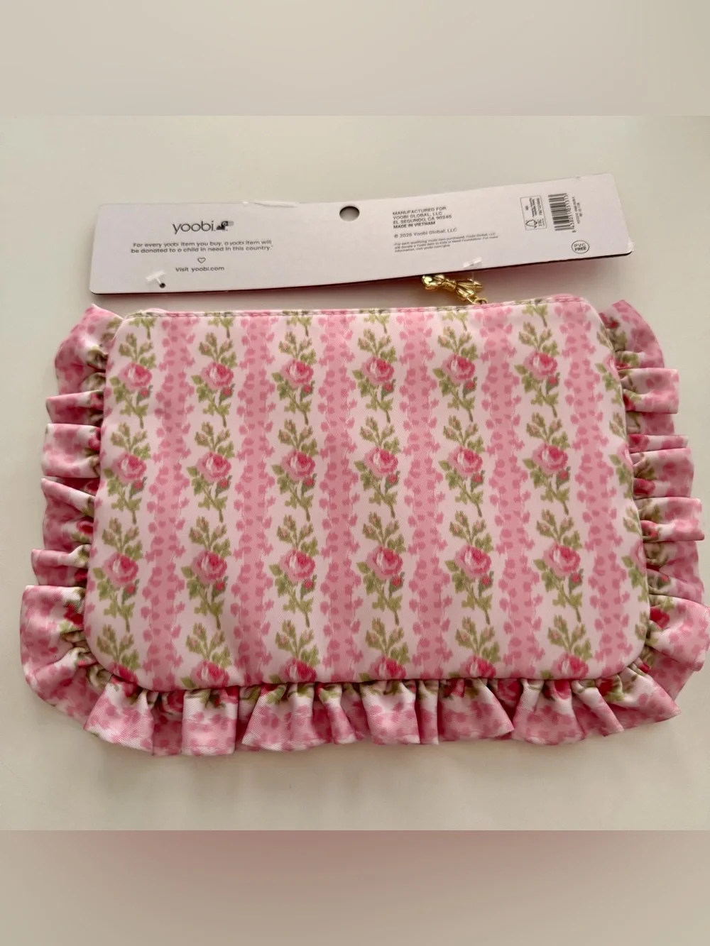 LoveShackFancy x Yoobi Pink Floral Ruffle Accessory Pouch with Gold Bow Zipper